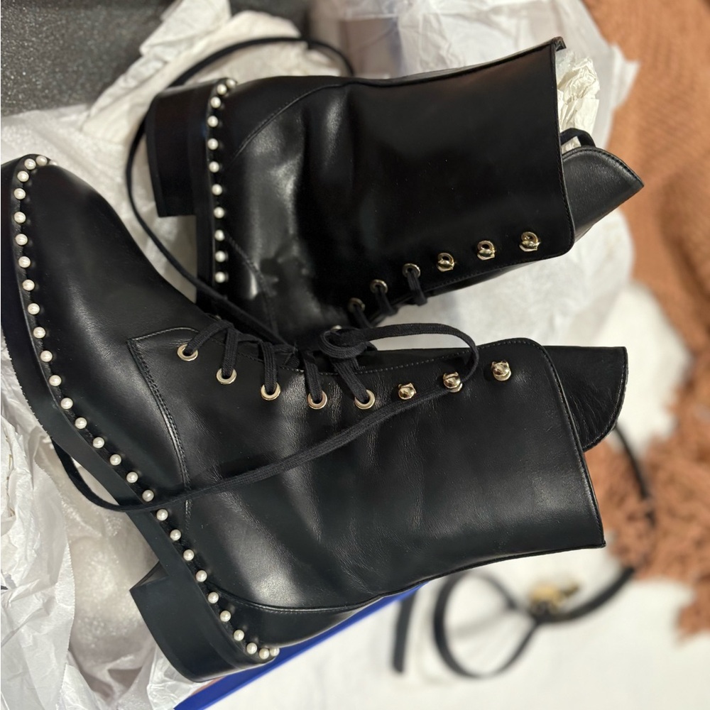 Brand new Stewart Weitzman black Studded Lace-Up Boots